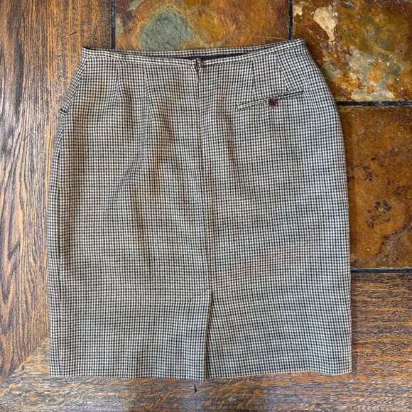 Vintage Cristian Tripani Black / Brown / Tan Houndstooth A-Line Skirt, Size 12 - Picture 2 of 6